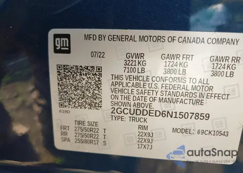 2022 Chevrolet Silverado 1500 4Wd Standard Bed Lt z USA, uszkodzony, nr VIN 2GCUDDED6N1507859